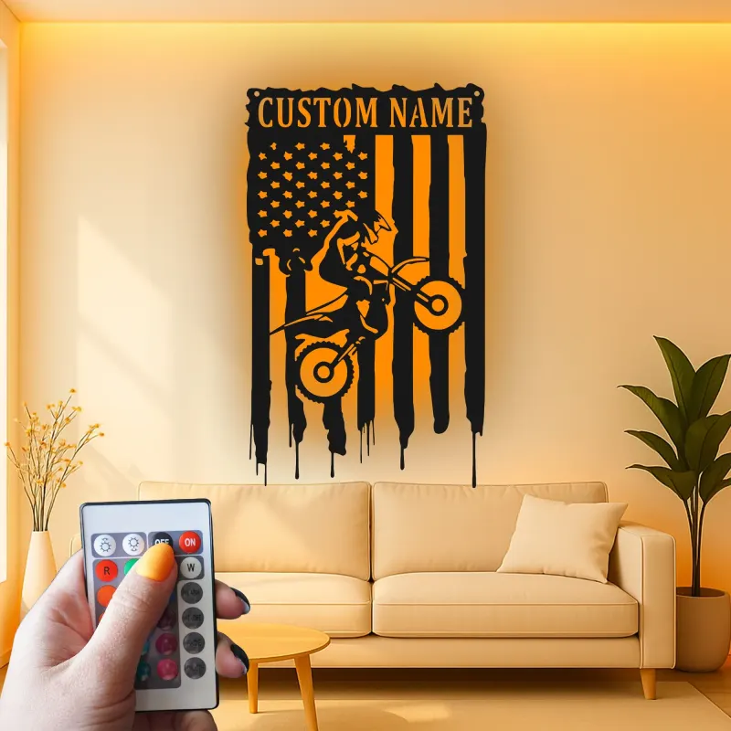 Personalized Motocross LED Sign | Custom Dirt Bike Metal Wall Art | American Flag Rider Gift for Man Cave & Garage Decor
