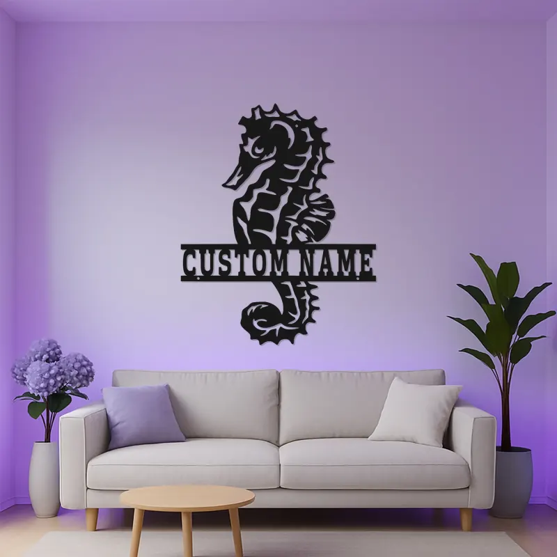 Cartel de metal personalizado de caballito de mar con LED | Arte mural náutico personalizado | Regalo de decoración para casa de playa y hogar costero
