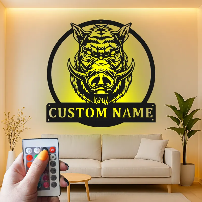 Cartel de metal personalizado con luz LED de jabalí, regalo personalizado para cazadores, decoración rústica de cueva de hombres
