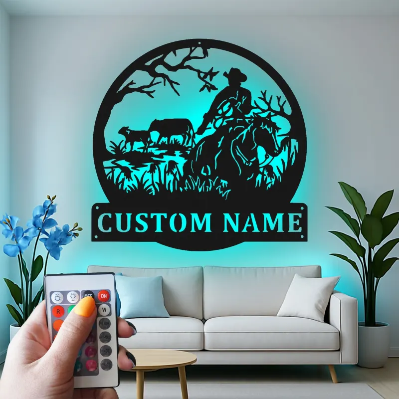 Cartel de metal personalizado con rancho vaquero y luz LED, regalo western para él, decoración rústica de granja
