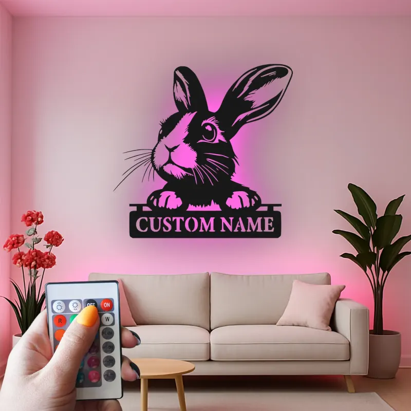 Insegna in metallo personalizzata con luce LED a forma di coniglio per amanti degli animali, regalo per asilo nido o decorazione per camera dei bambini