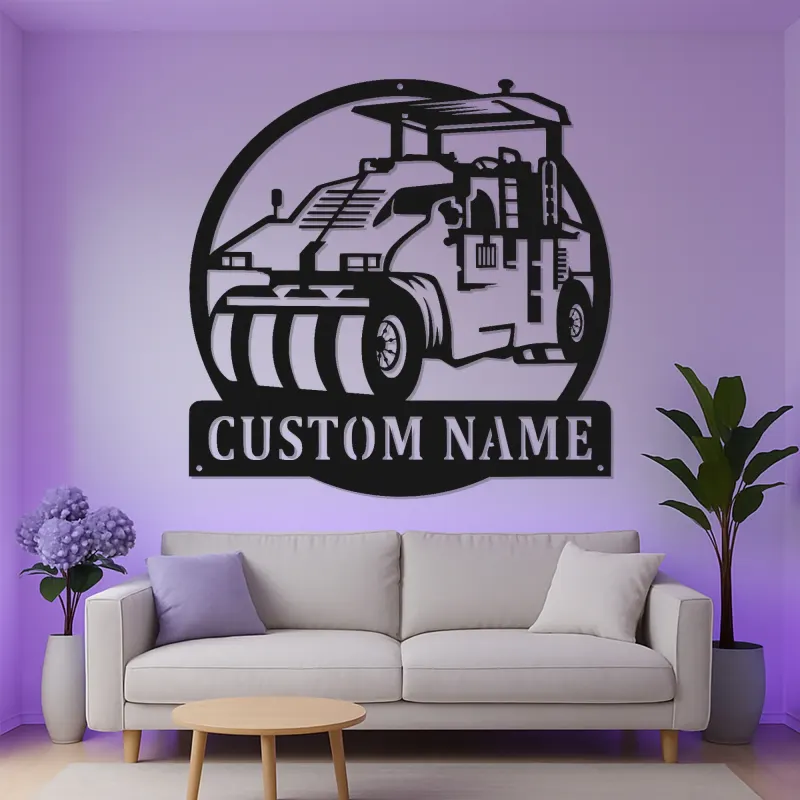 Personalized Road Roller Metal Sign | LED Lighted Heavy Equipment Art | Custom Name Construction Vehicle Decor | Gift for Operator
