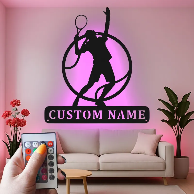 Arte murale in metallo per giocatore di tennis personalizzata | Insegna LED personalizzata per sala giochi | Regalo decorativo per atleta