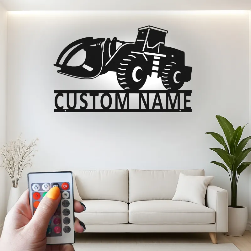 Décoration murale en métal LED personnalisée pour excavateur - Cadeau pour passionnés de construction - Décor de garage ou de bureau