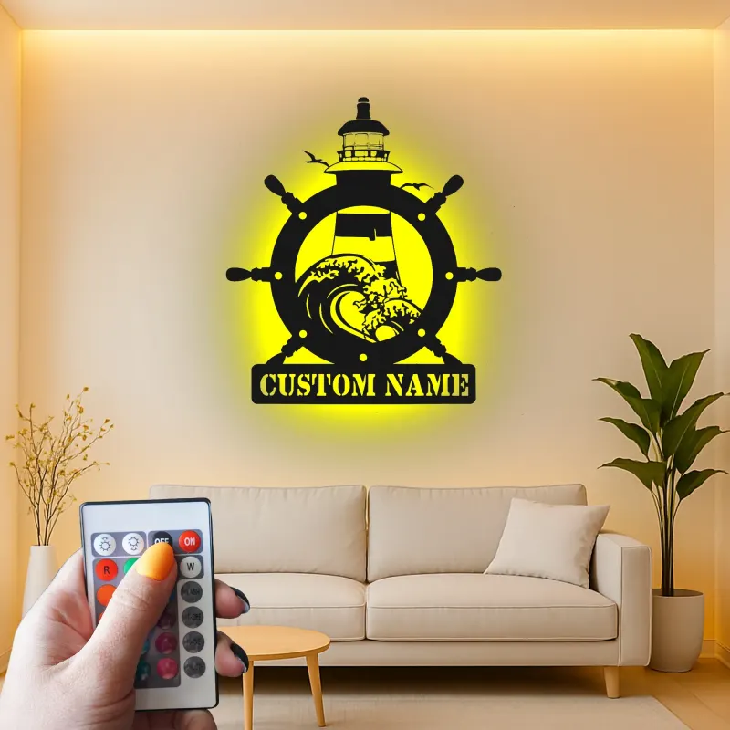 Cartel de metal de faro personalizado | Arte náutico LED personalizado | Decoración para casa de playa y salón