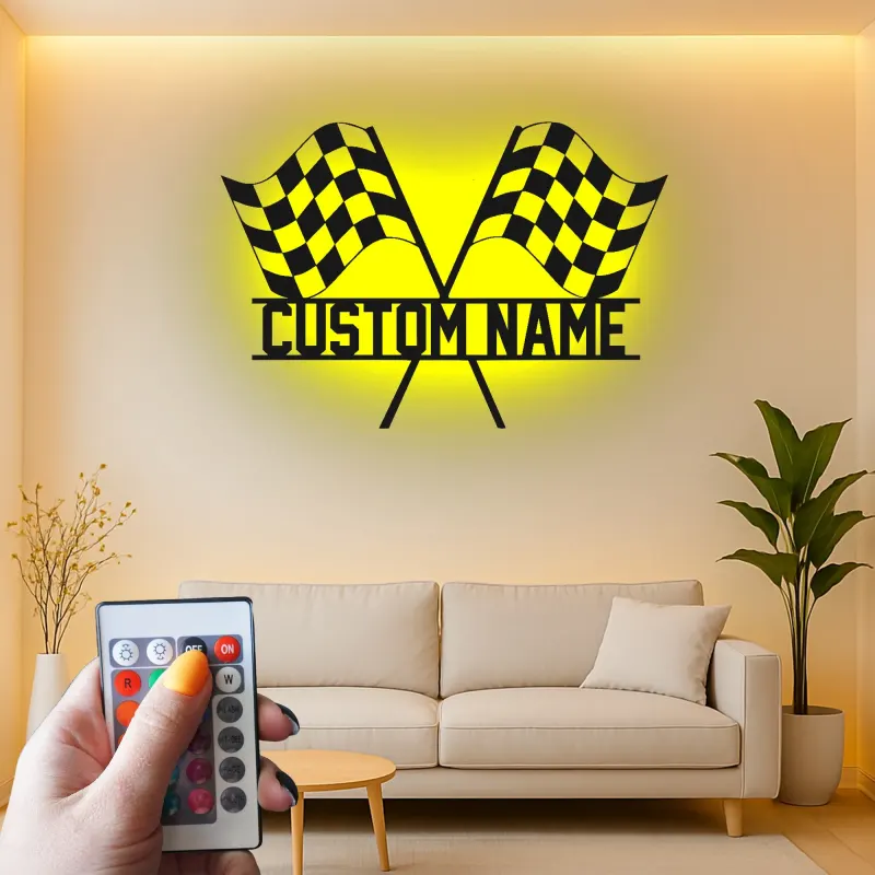 Cartel de metal LED personalizado de banderas de carreras - Regalo para entusiastas de los coches - Decoración para garajes o man caves 2