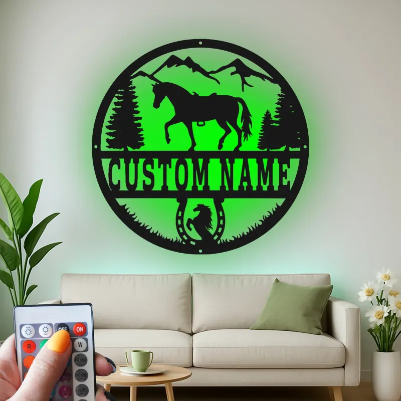 Panneau personnalisé avec nom de cheval | Décoration murale en métal LED pour ranch et maison | Cadeau équestre sur mesure
