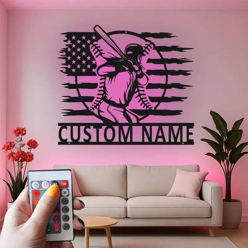 Décoration murale en métal personnalisée joueur de baseball avec rétroéclairage LED