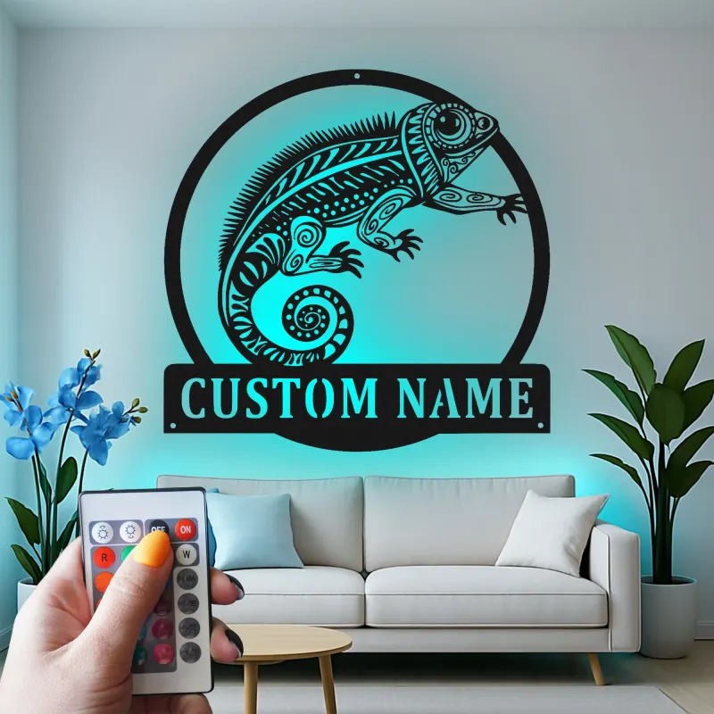 Cartel de metal personalizado con luz LED de camaleón, regalo personalizado para amantes de reptiles, decoración para salón u oficina