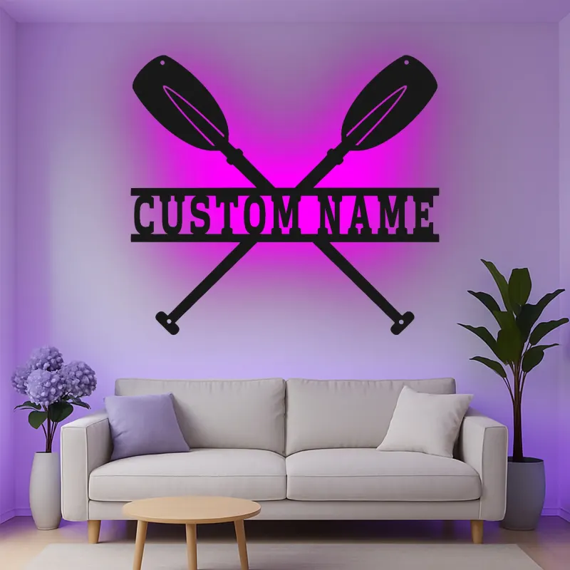 Custom Paddle Crossed Oars Led Light Metal Wall Art Personalized Gift for Kayakers Nautical Decor for Lake House