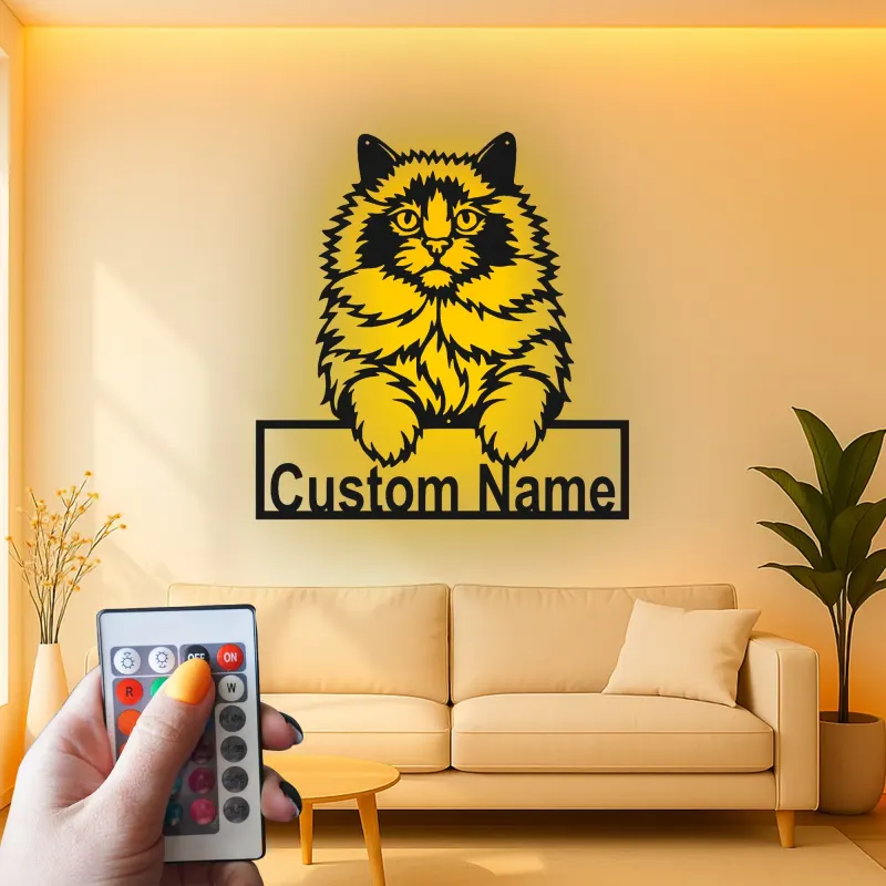 Insegna in metallo personalizzata con gattino soffice e LED per amanti degli animali, regalo per il soggiorno