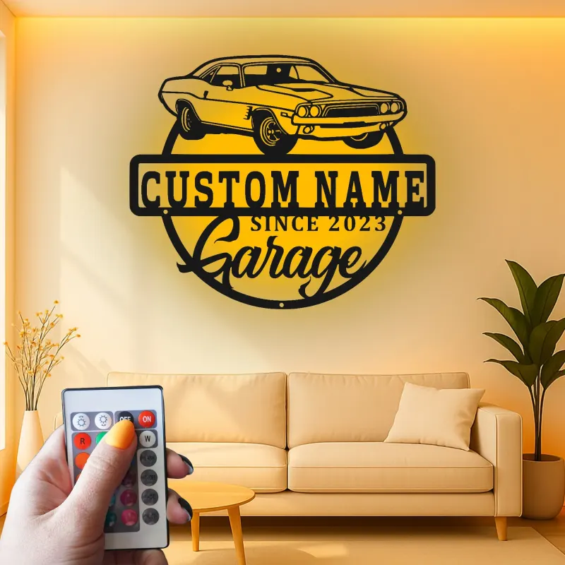 Insegna Garage Muscle Car Personalizzata | Insegna in Metallo LED | Decorazione per Officina & Regalo per Appassionati di Auto