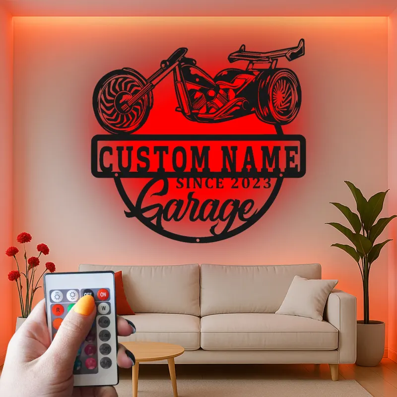 Custom Chopper Motorcycle LED Sign | Personalized Metal Garage Decor | Lighted Biker Wall Art | Unique Father's Day Gift