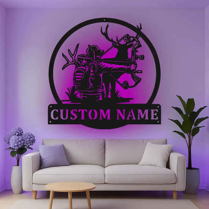 Cartel de metal personalizado con luz LED de cazador con arco, regalo personalizado para entusiastas de la arquería, decoración de man cave o cabaña