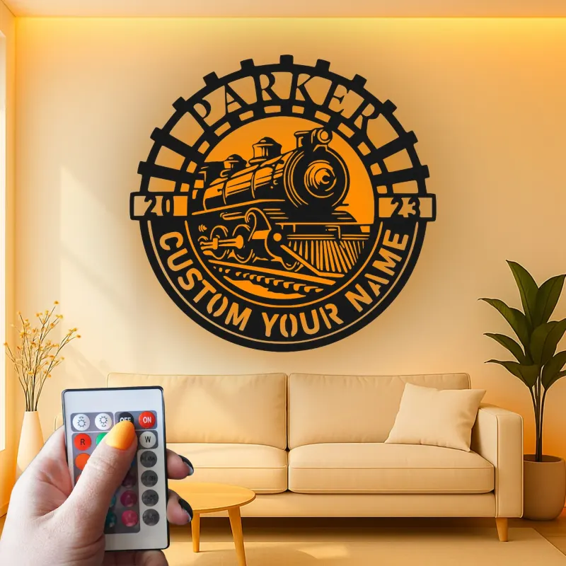 Personalisierte LED-Beleuchtung Metall-Wandkunst mit Zuglok – Geschenk für Zugliebhaber, Dekoration für das Kinderzimmer