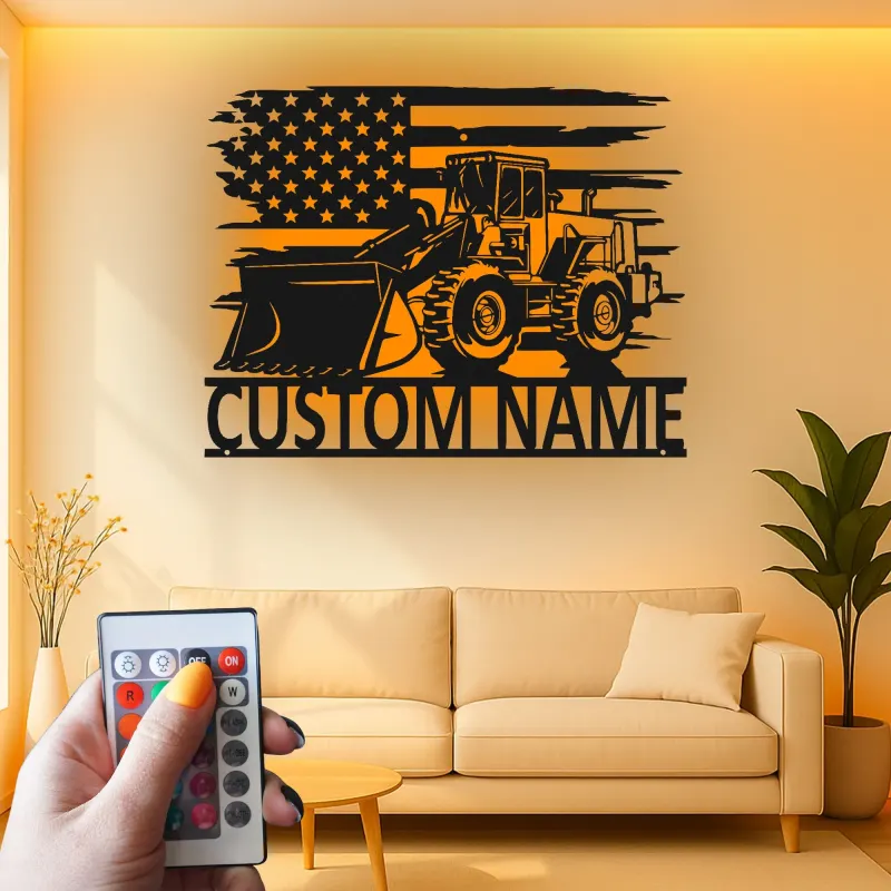 Custom Bulldozer American Flag Led Light Metal Wall Art Construction Gift for Him Garage or Workshop Decor