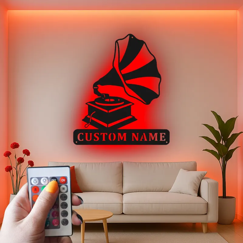 Arte Murale in Metallo LED con Gramofono | Regalo Personalizzato per Amante della Musica | Insegna con Nome Personalizzato per Decorazione Retro di Casa e Studio
