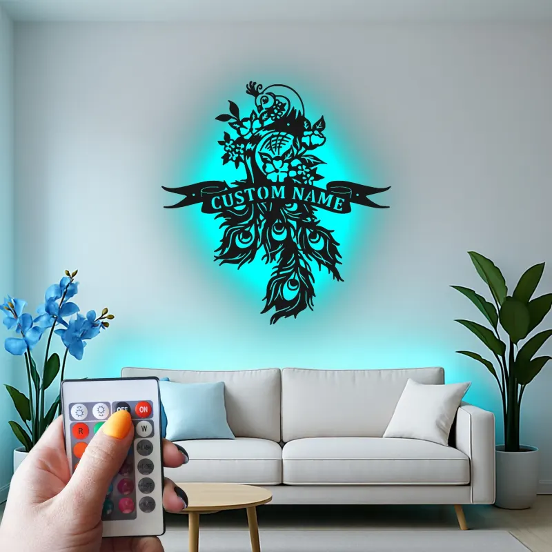 Custom Peacock Led Light Metal Wall Art Personalized Gift for Couples Elegant Living Room Decor