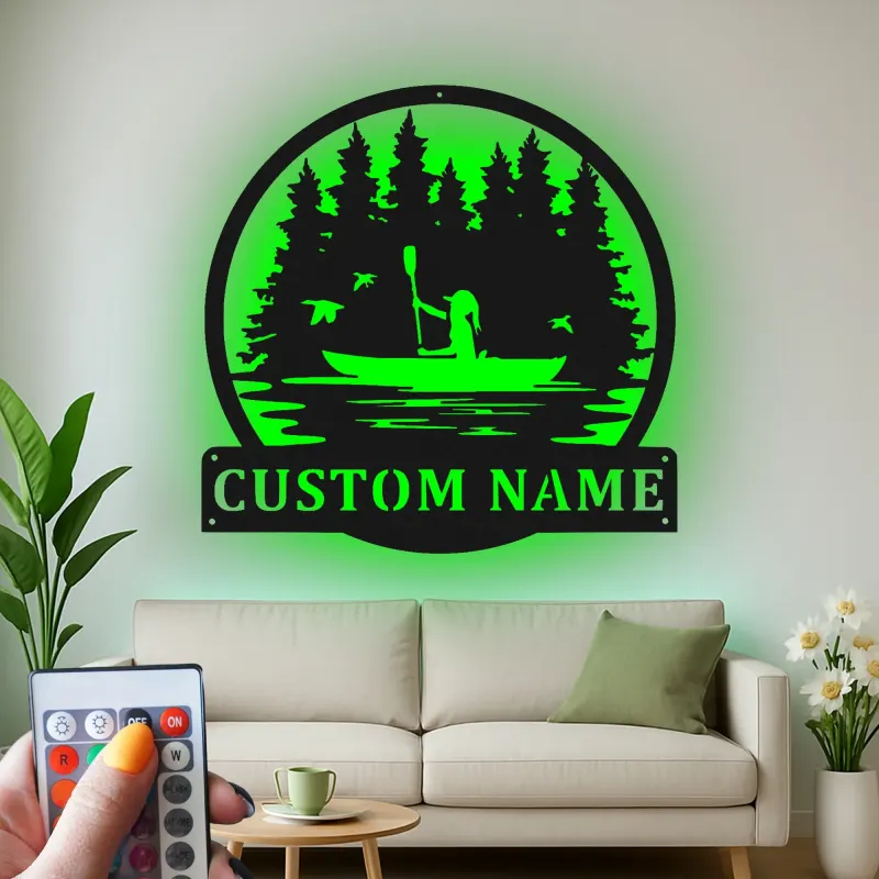 Insegna in metallo personalizzata per kayakista | Insegna LED con scena lacustre personalizzata | Regalo per amanti dell'outdoor | Decorazione per cabin e case al lago