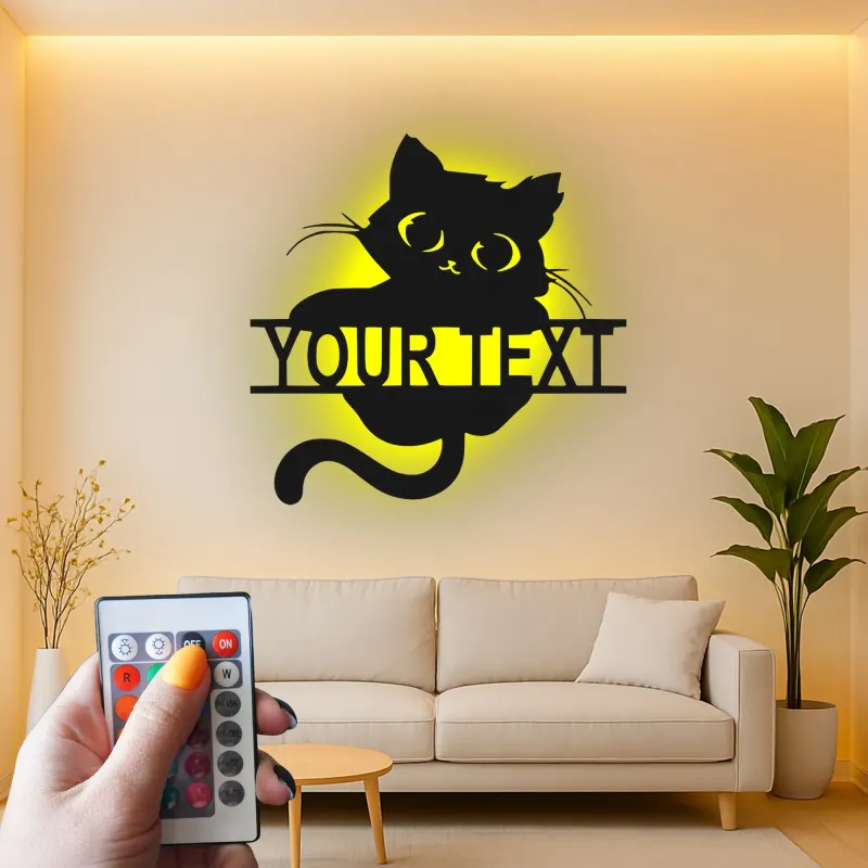 Insegna in metallo personalizzata con silhouette di gatto e luce LED regalo per amanti degli animali decorazione per soggiorno o camera da letto