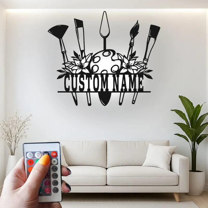 Insegna in metallo personalizzata con luce LED a forma di tavolozza per artisti regalo personalizzato per pittori, decorazione per studio o sala d'arte