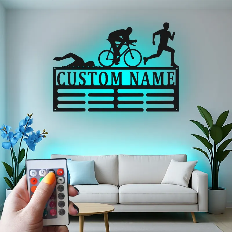 Insegna in metallo personalizzata Triathlon con luce LED regalo personalizzato per atleti decorazione per home gym per triatleti