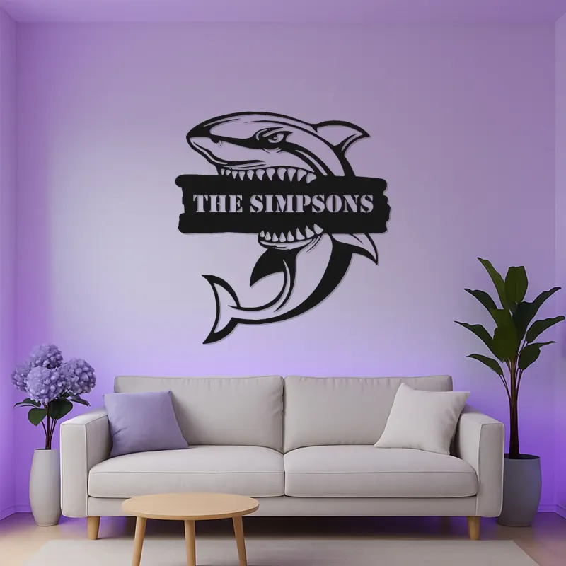 Panneau en métal LED requin personnalisé | Art mural de nom personnalisé | Décor nautique féroce | Cadeau pour chambre d'enfant et maison de plage