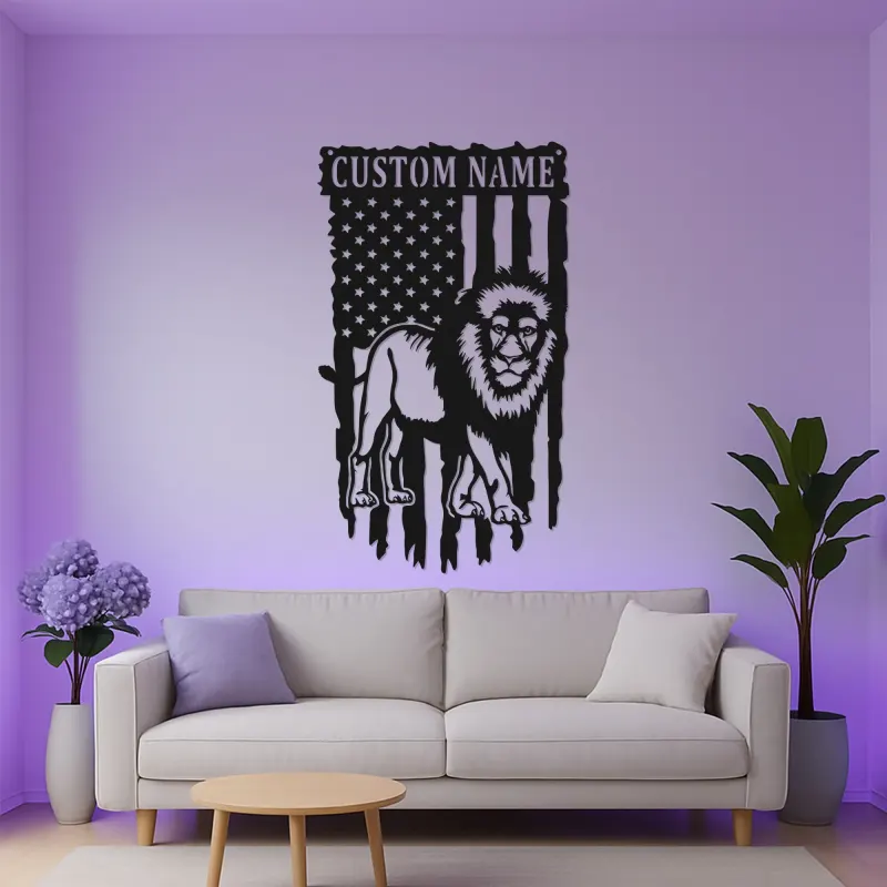 Custom Lion American Flag Metal Sign | LED Patriotic Wall Art for Office & Home | Personalized Wildlife Decor Gift for Him