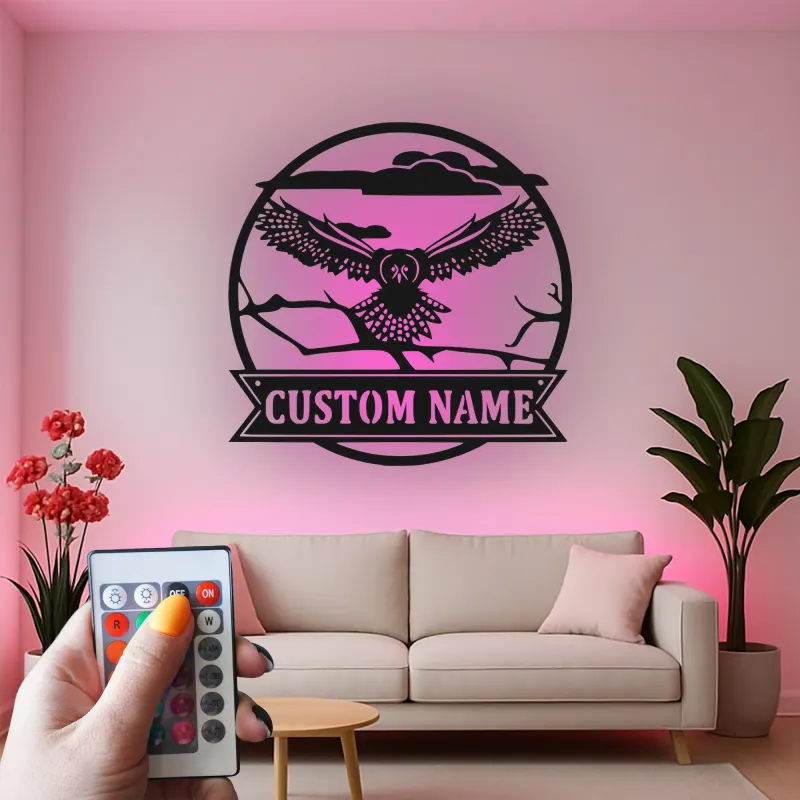 Custom Flying Owl LED Sign | Personalized Metal Wall Art | Wildlife Cabin Decor | Nature Lover Gift