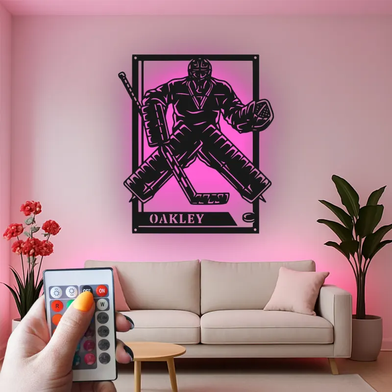 Personalized Hockey Goalie Metal Sign | LED Light Wall Art | Custom Name Decor for Game Room | Gift for Hockey Player