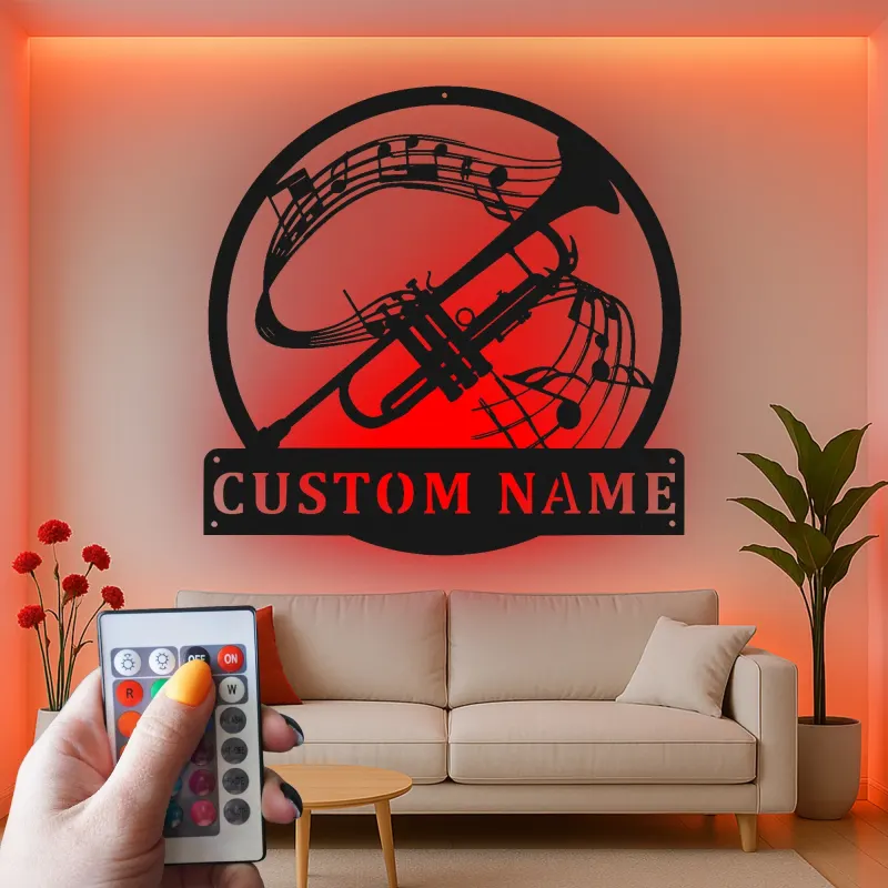 Insegna in metallo personalizzata con note musicali e LED per tromba - Regalo per musicisti - Decorazione per sala musica
