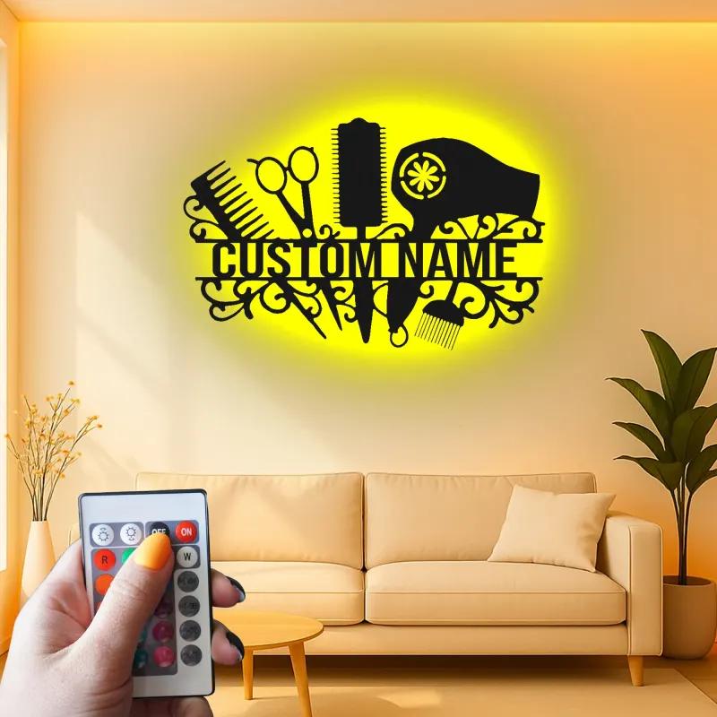 Personalized Salon Sign | Custom Hair Stylist LED Decor | Metal Wall Art for Hairdresser | Light Up Beauty Shop Nameplate