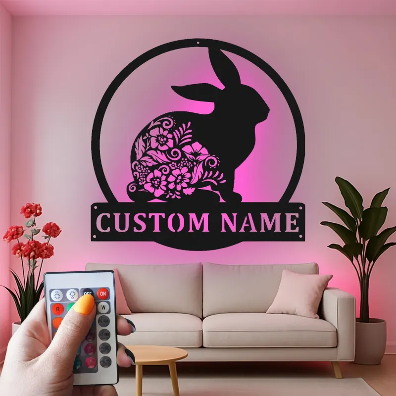 Personalized Rabbit Sign with LED | Custom Floral Bunny Metal Wall Art | Boho Nursery Decor | Unique Easter & Rabbit Lover Gift