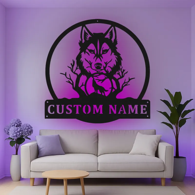 Décoration murale en métal personnalisée avec lumière LED de loup et lune