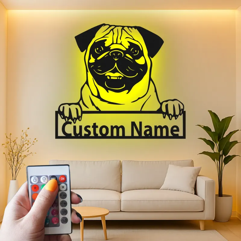 Insegna LED Pug Personalizzata | Insegna in Metallo per Cani | Regalo per Amanti degli Animali e Decorazione per Nursery | Silhouette di Cucciolo Realistica