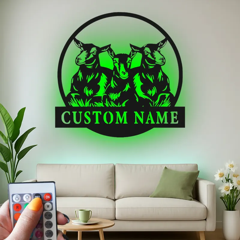 Decoración mural de metal LED de cabra personalizada | Cartel decorativo farmhouse personalizado | Regalo rústico de granero para amantes de las cabras