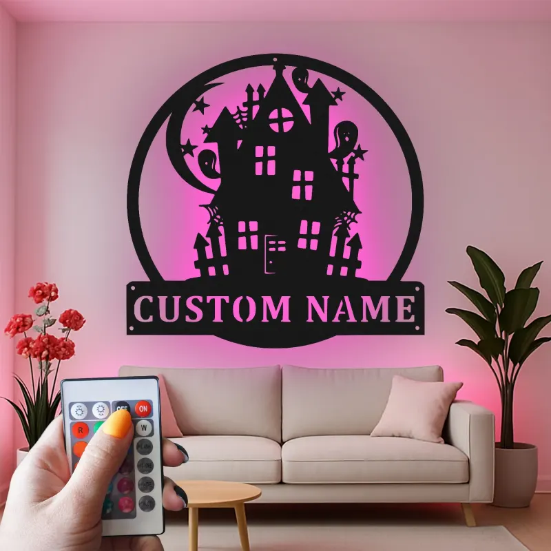 Letrero LED de casa encantada | Decoración mural de metal personalizada | Decoración de Halloween con apellido personalizado | Iluminación espeluznante para exterior y porche