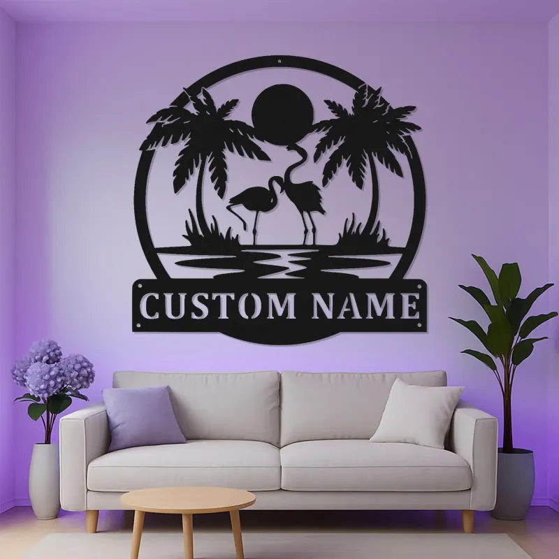 Insegna LED fenicottero personalizzata | Arte da parete in metallo per patio e piscina | Decorazione tropicale con palma