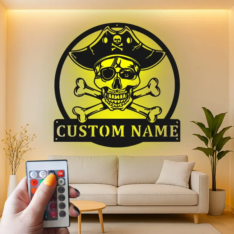 Insegna LED Teschio Pirata | Arte Murale Nautica Personalizzata | Decorazione per Man Cave e Insegna per Bar di Casa con Luci RGB