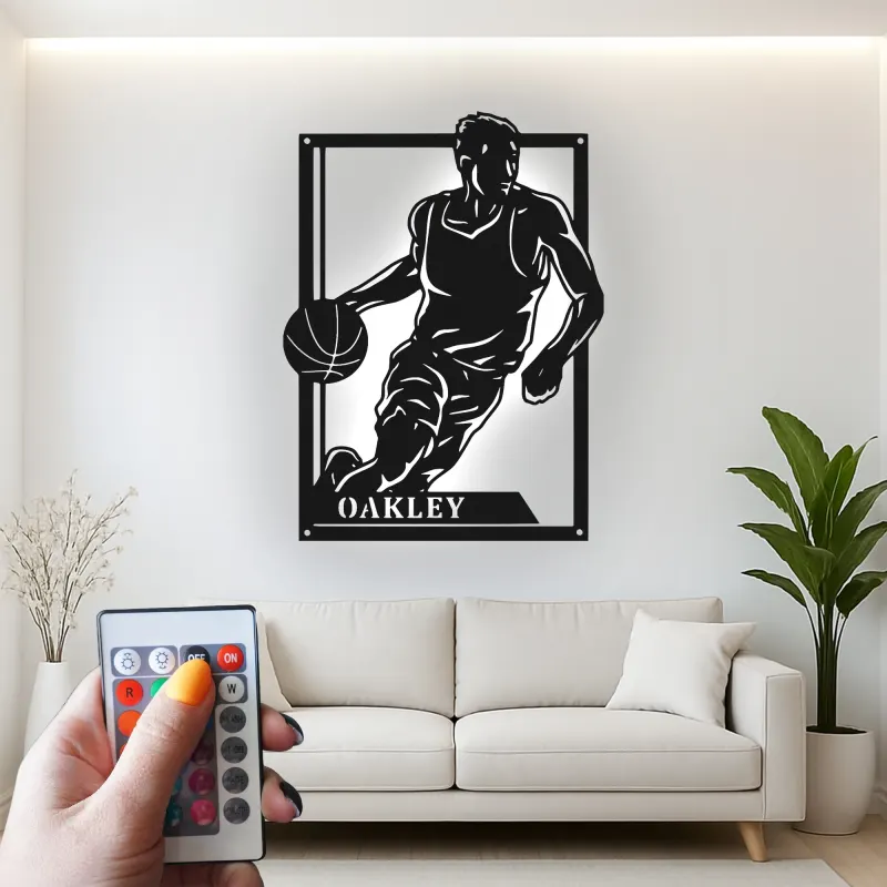 Custom Basketball Player Led Light Metal Wall Art Personalized Sports Gift for Athletes Game Room Decor