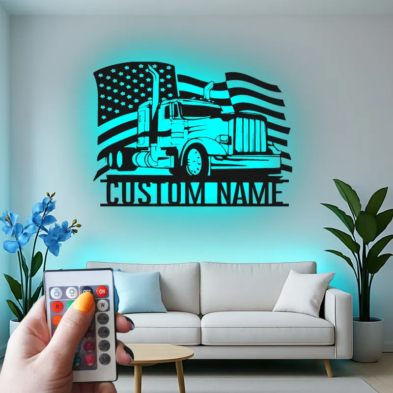 Panneau Trucker Personnalisé | Art Murale Métal Drapeau Américain LED | Cadeau Personnalisé pour Conducteur de Camion Semi | Décor Man Cave