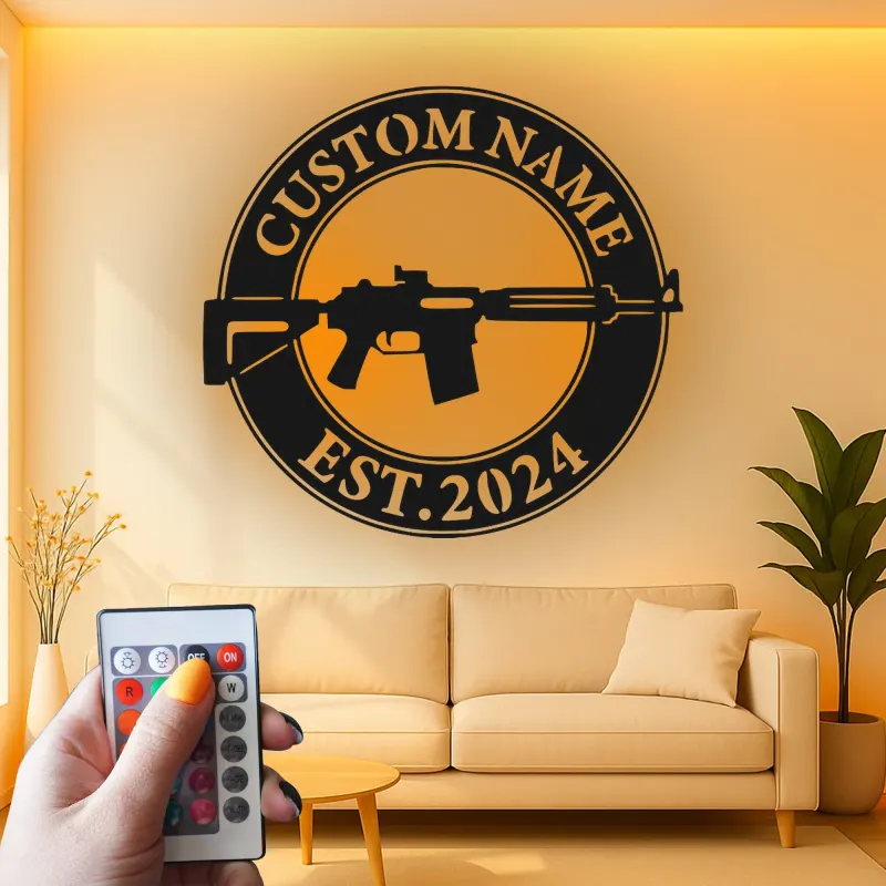 Custom Rifle LED Metal Sign | Personalized Gun Owner Wall Art | Man Cave & Gun Room Decor | Hunter Gift