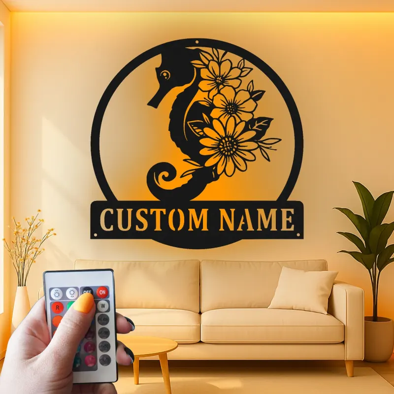 Insegna Personalizzata con Cavalluccio Marino | Insegna in Metallo LED | Decorazione Costiera per Casa al Mare | Regalo per Amante del Mare