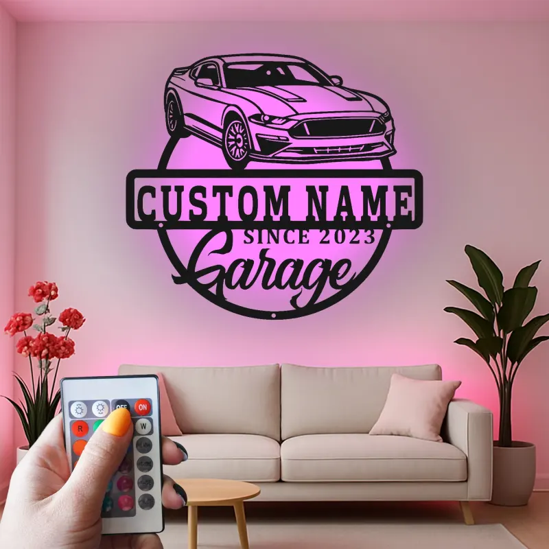 Letrero de garaje con coche muscle personalizado | Arte mural LED de metal personalizado | Regalo para amante de los coches y decoración de sala de juegos