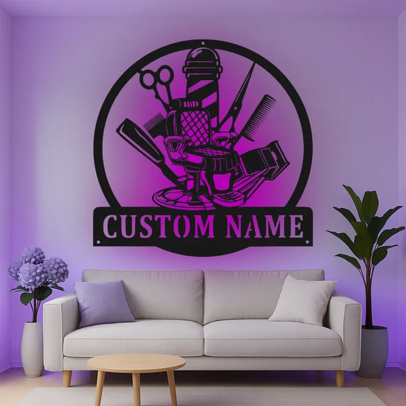 Custom Barber Shop Led Light Metal Wall Art Personalized Gift for Barbers Salon Decor with Name