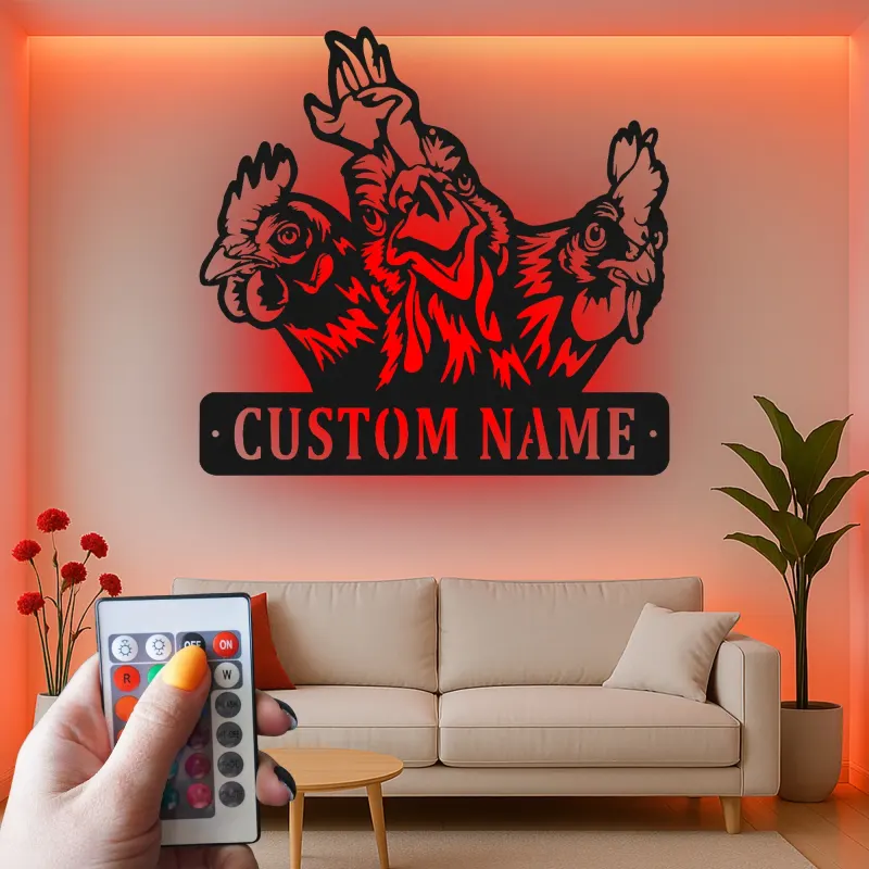 Custom Chicken Trio Led Light Metal Wall Art Farmhouse Gift for Chicken Lovers Kitchen or Barn Decor