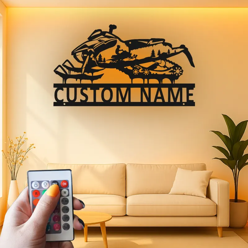 Arte mural de metal LED de moto de nieve | Cartel de nombre personalizado para piloto | Decoración de deportes de invierno personalizada para cabaña y garaje | Regalo para motos de nieve