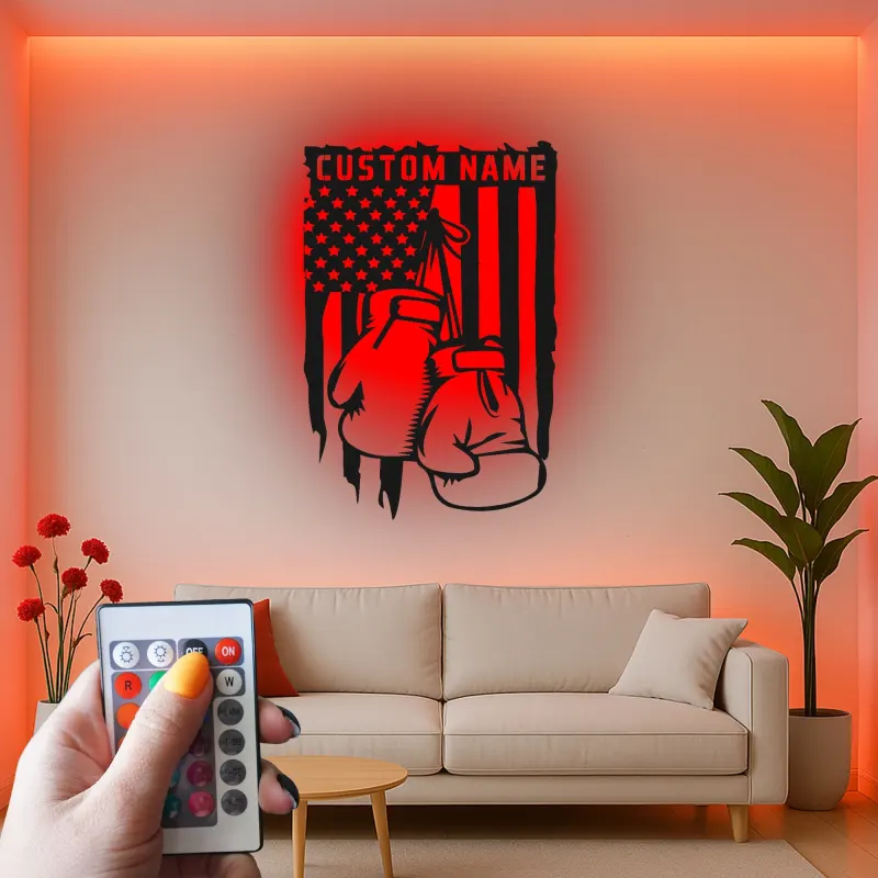 Personalisierte LED-beleuchtete Metall-Wandkunst mit Boxhandschuhen – Geschenk für Boxer, Fitnessstudio oder Männerhöhle