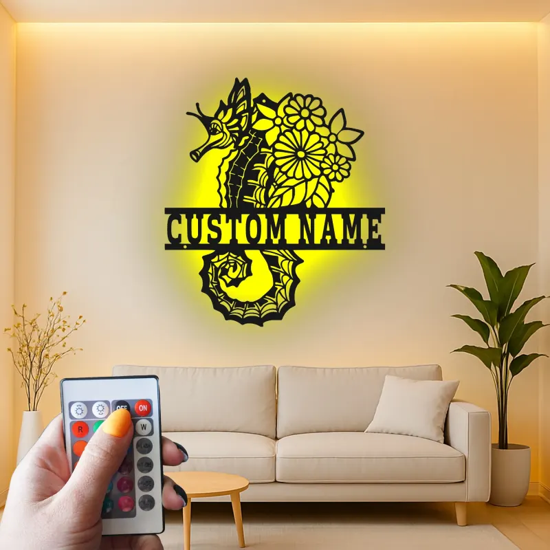 Insegna LED con cavalluccio marino | Insegna in metallo personalizzata con fiori | Decorazione nautica per casa al mare e beach house | Regalo per chi ama l'oceano