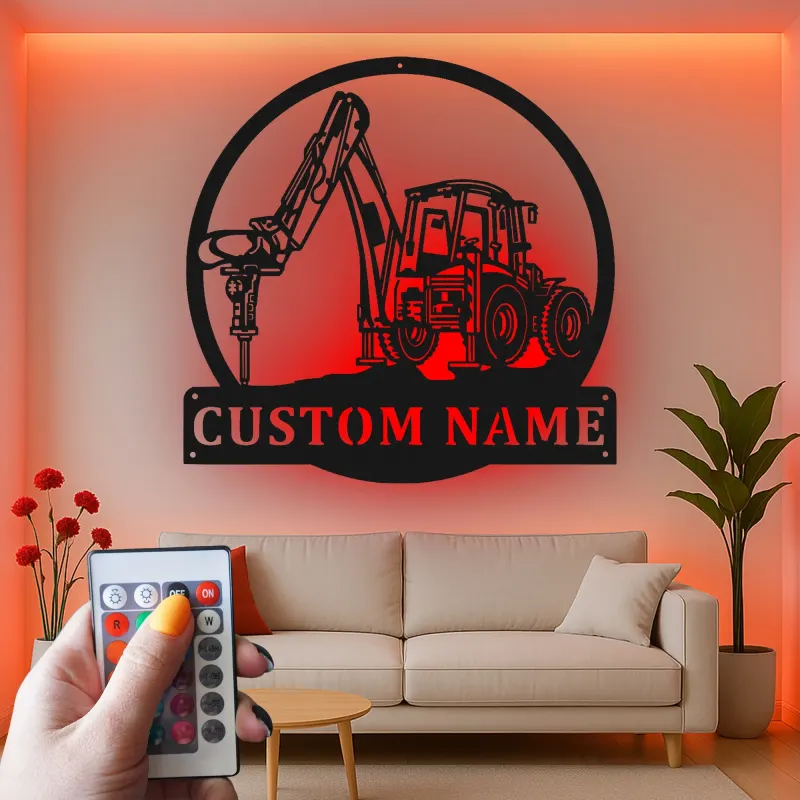 Custom Excavator Led Light Metal Wall Art Personalized Gift for Construction Enthusiast Garage or Office Decor 1
